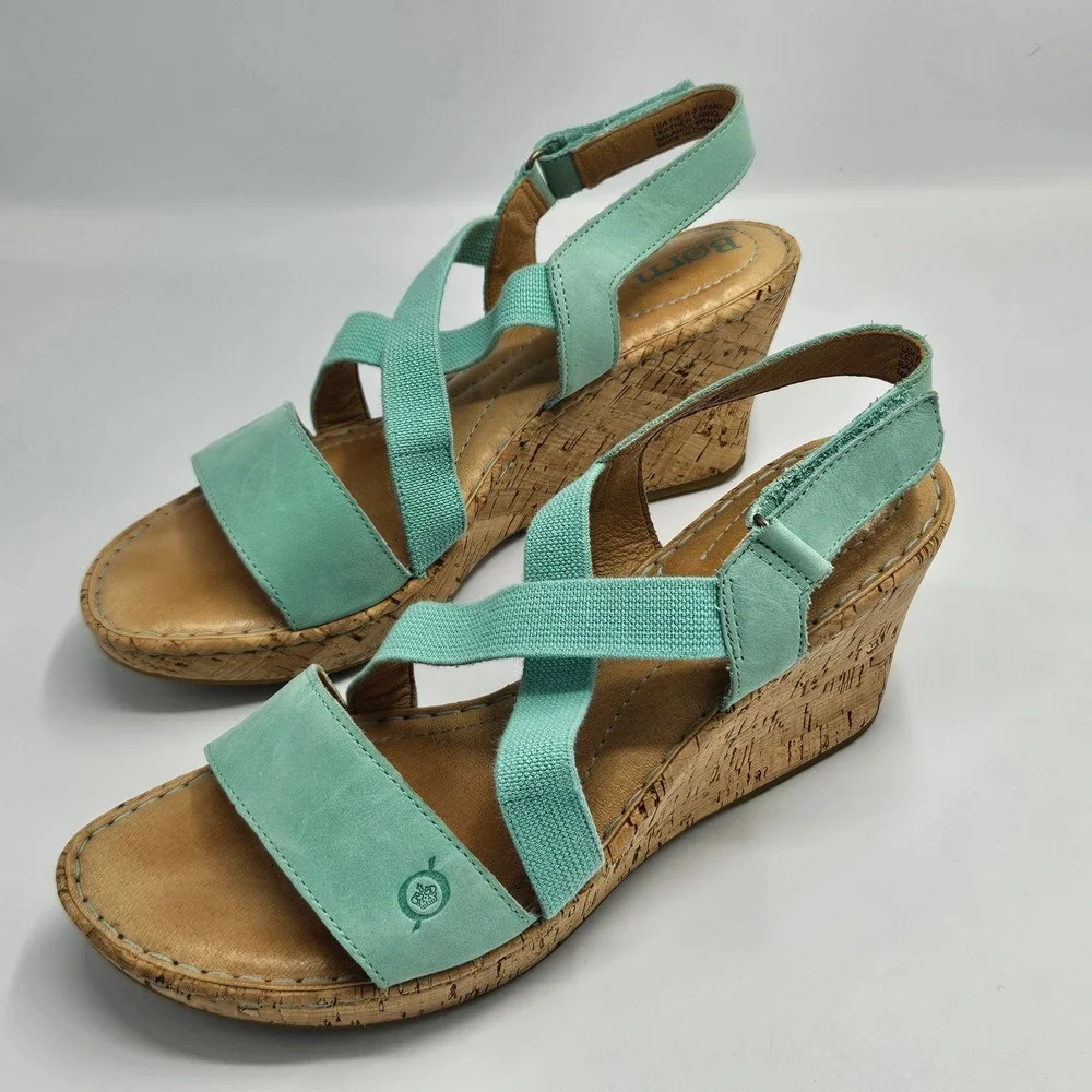 Born Womens Mint Green Leather Cork Wedge Sandals Elastic Straps Size 8